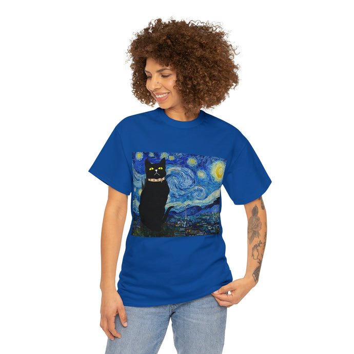 Black Cat Starry Night Unisex Heavy Cotton T-shirt