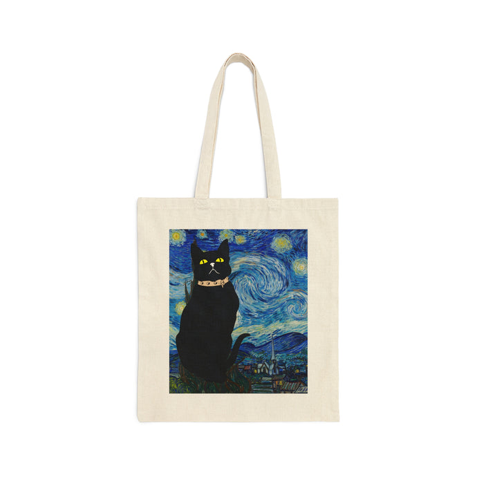 Black Cat Starry Night Cotton Canvas Tote Bag